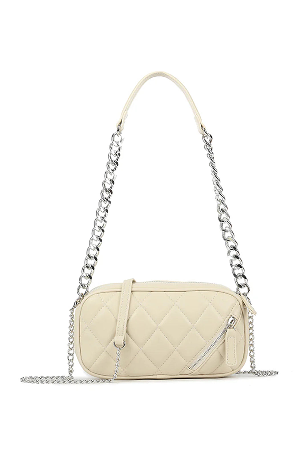 Womens Light Beige Quilted Zipped Silver Chain Bag