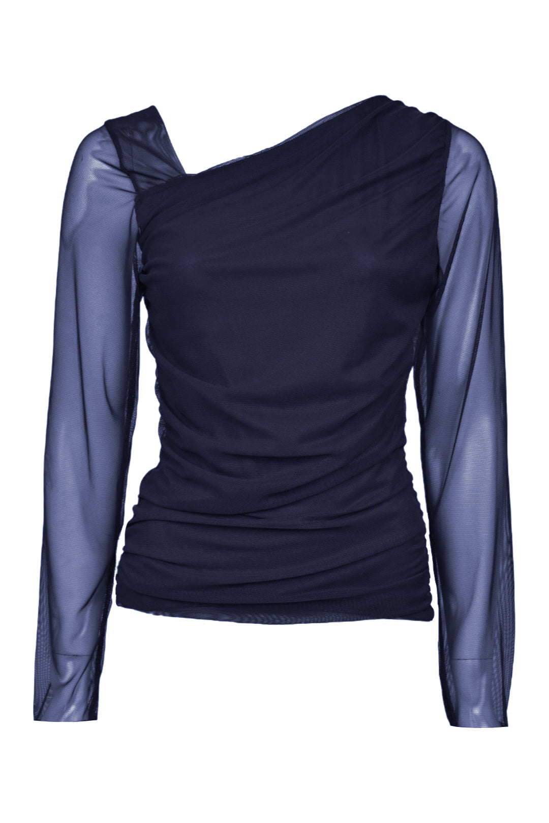 Womens Navy Asymmetric Neck Ruched Sheer Top