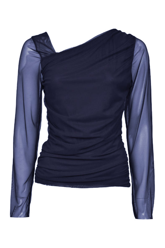 Womens Navy Asymmetric Neck Ruched Sheer Top