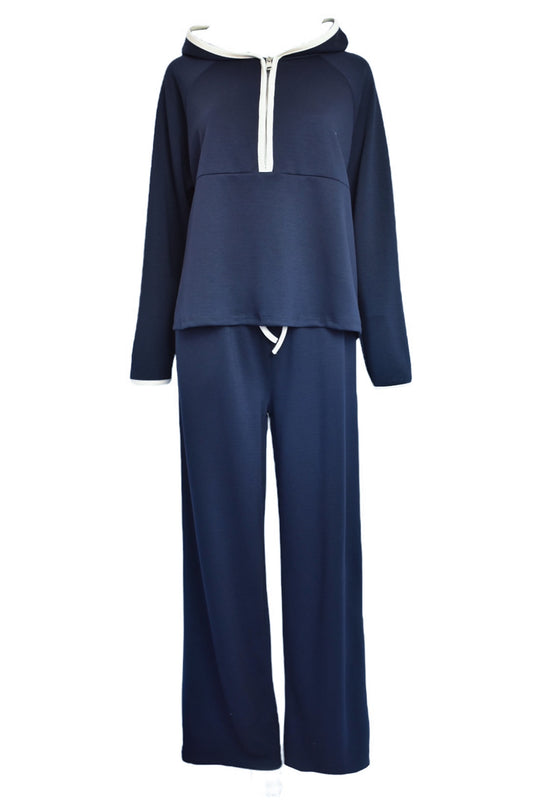 Navy Hooded Half Zip Wide Leg Loungesuit