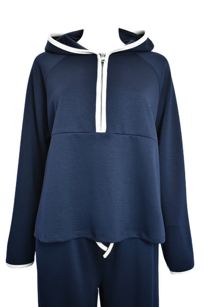 Navy Hooded Half Zip Wide Leg Loungesuit
