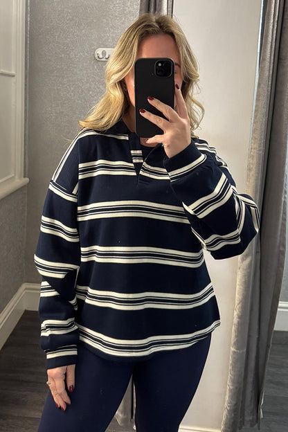 Womens Navy Striped Rugby Top 