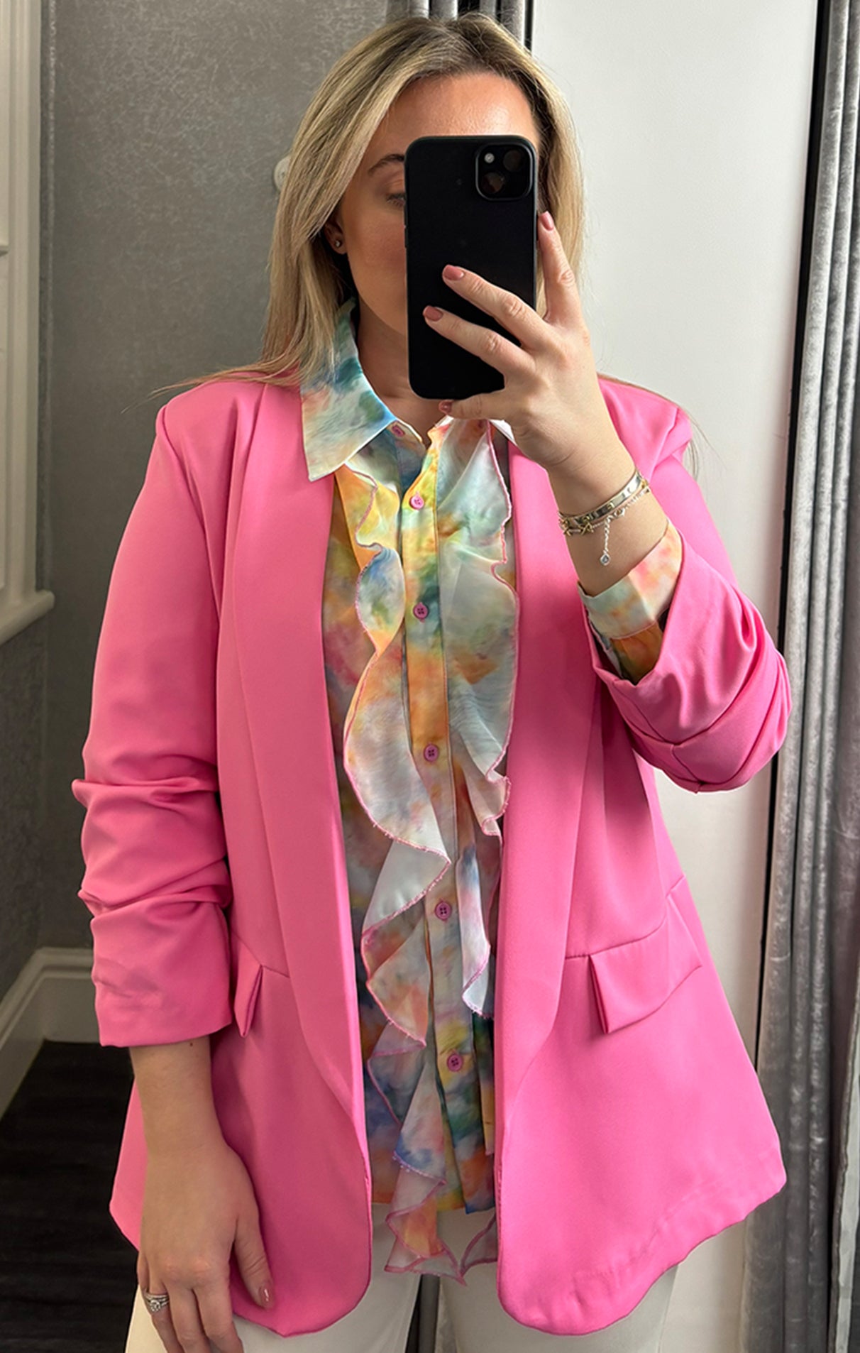 Womens Pink_Ruched_Sleeve_Blazer Model