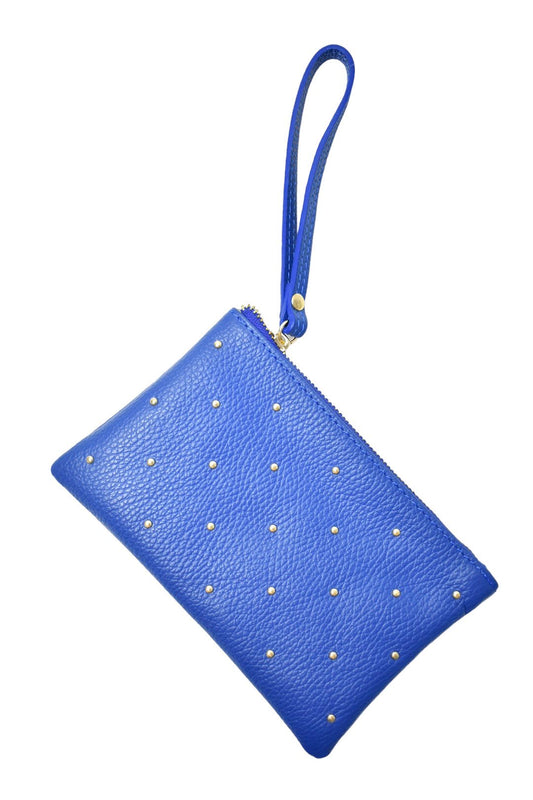 Womens Royal Blue Gold Studded Leather Wristlet
