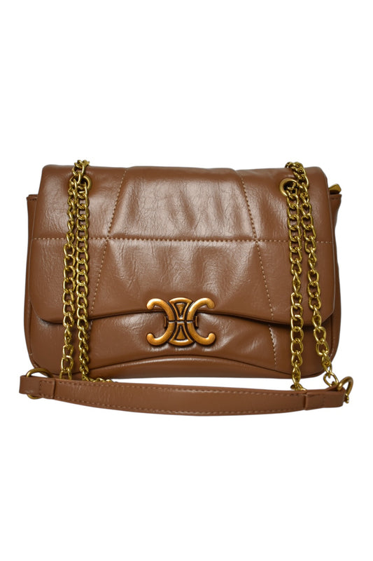 Tan Quilted Gold Buckle Cross Body Bag