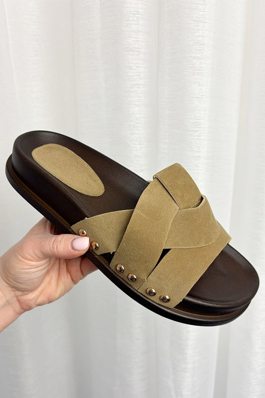 Taupe Faux Suede Twisted Sliders
