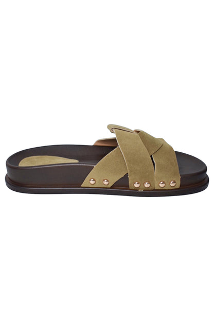 Womens Taupe Faux Suede Twisted Sliders 