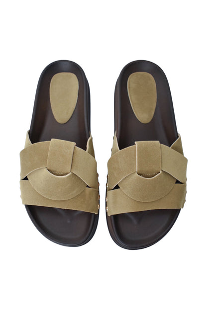 Womens Taupe Faux Suede Twisted Sliders 