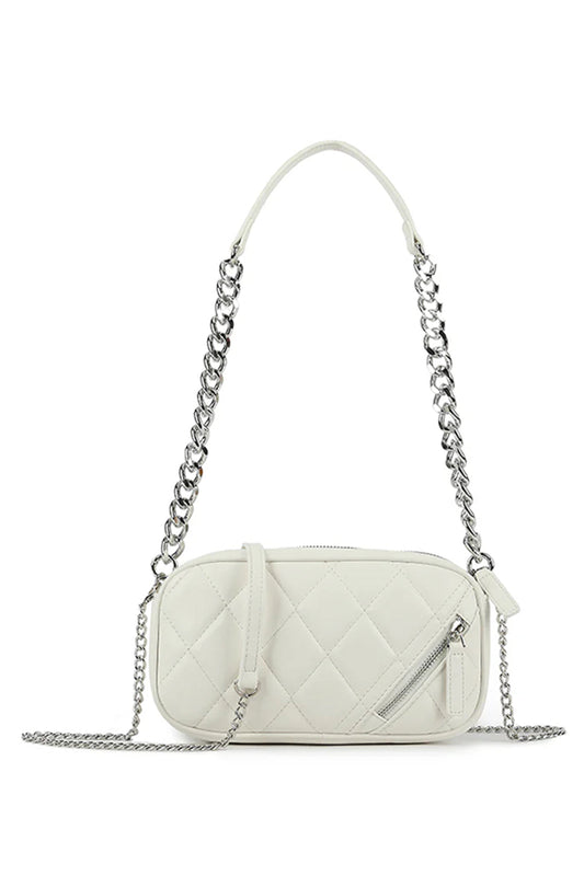 Womens White Quilted Zipped Silver Chain Bag