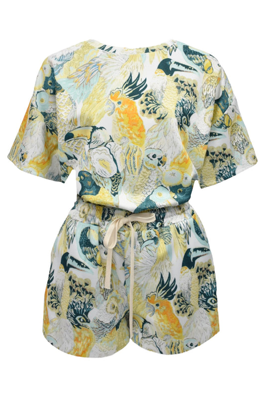 Womens Yellow & Blue Tropical Bird Print Shorts Co-ord