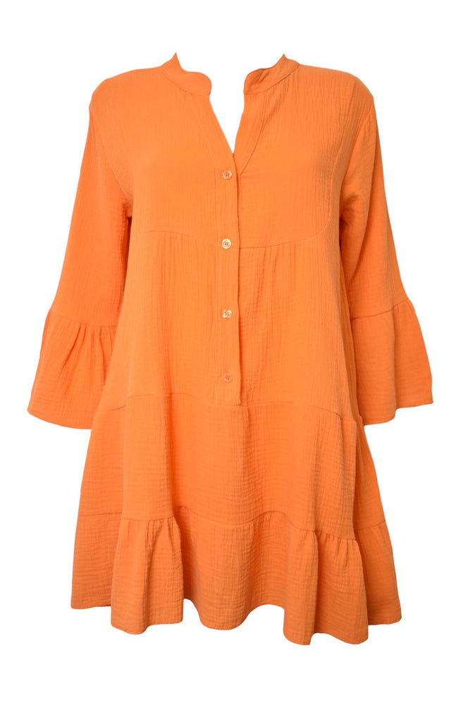 Orange Tiered Button Front Smock Dress