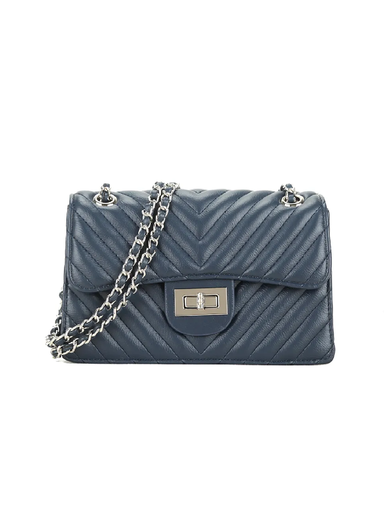 Navy Quilted Silver Clasp Cross Body Bag
