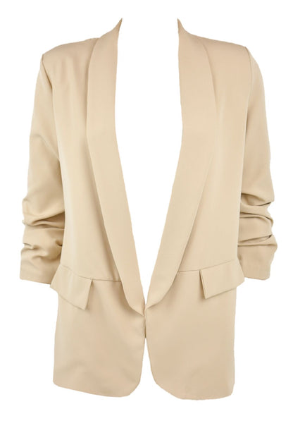 Beige Ruched Sleeve Blazer Front