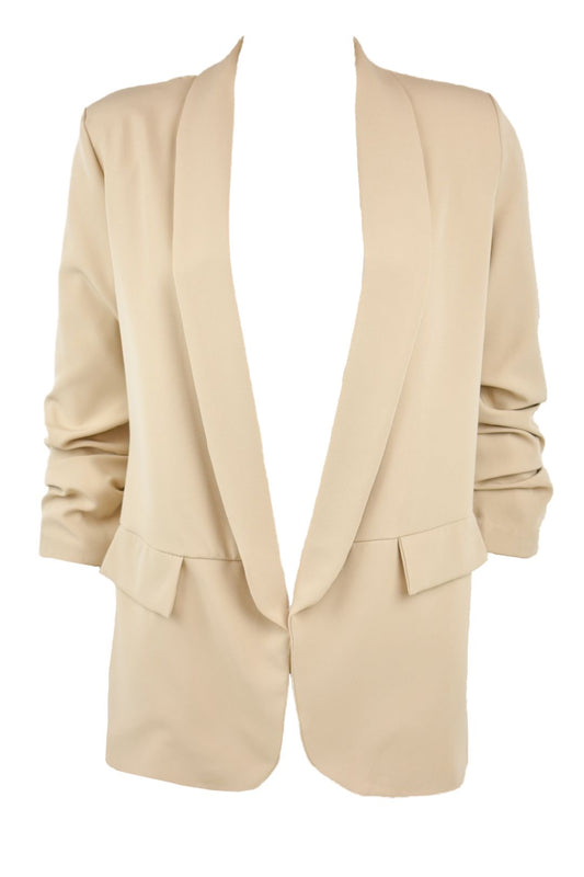 Beige Ruched Sleeve Blazer Front