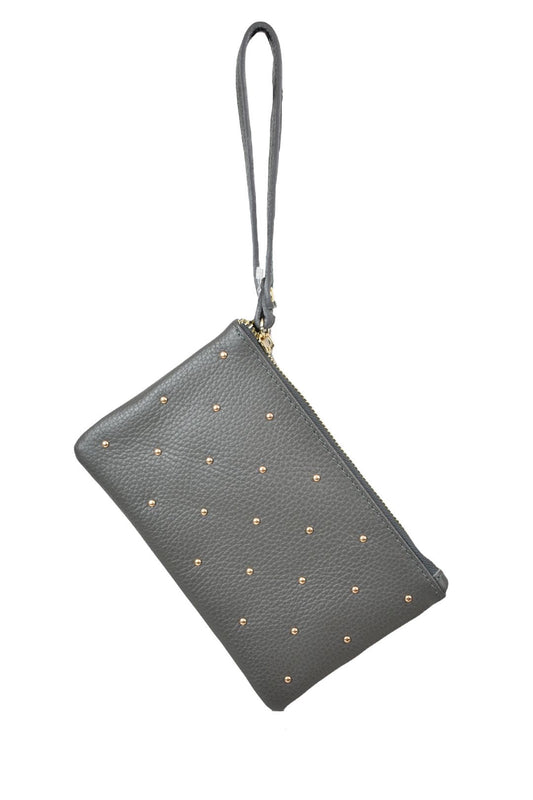 Womens Grey Gold Studded Leather Wristlet