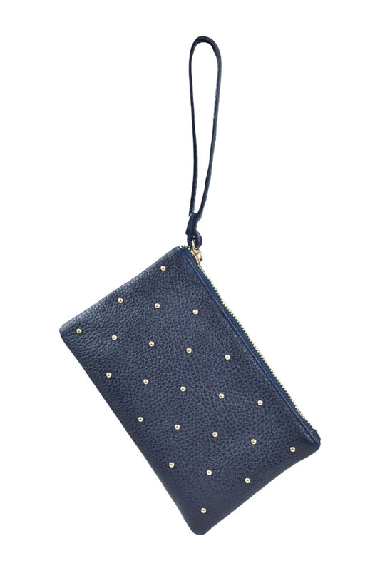 Womens Navy Gold Studded Leather Wristlet