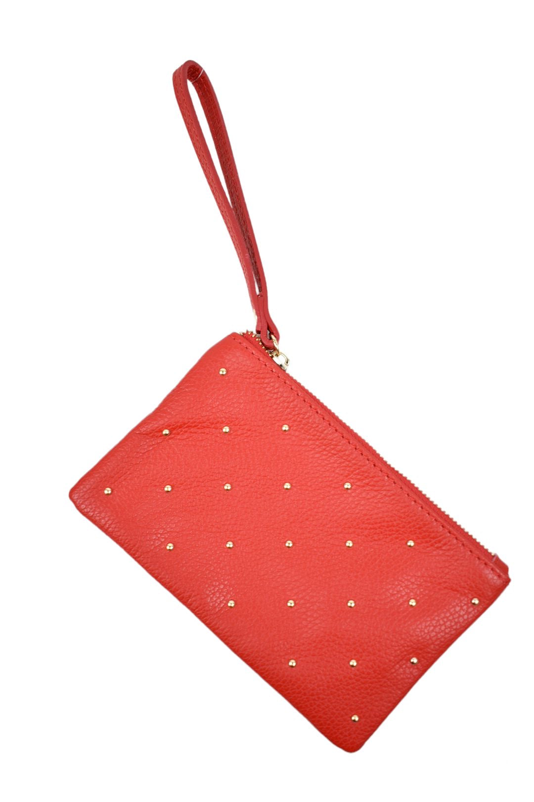 Womens Red Gold Studded Leather Wristlet