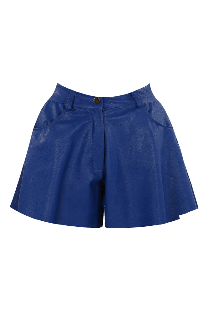 Blue Faux Leather Flared Shorts