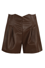 Brown Pleated Faux Leather Shorts
