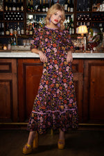 Black & Purple Floral Midi Smock Dress