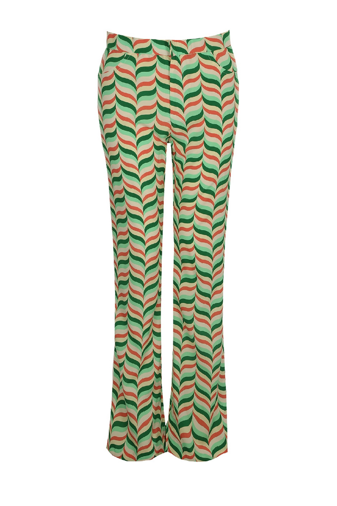 Green & Coral Patterned Flared Trousers