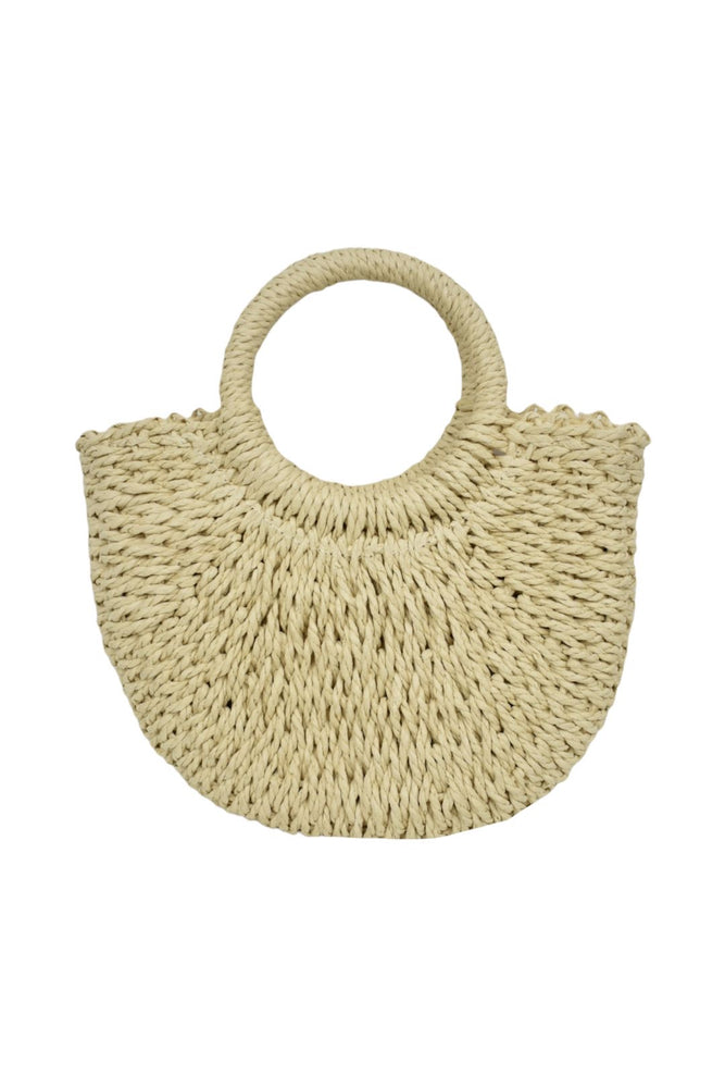 Beige Woven Straw Hoop Handle Bag (Small)