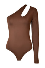 Brown Cut Out One Shoulder Long Sleeve Bodysuit