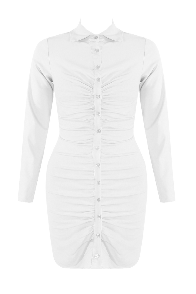 White Ruched Front Shirt Dress